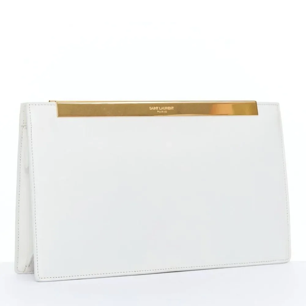 Saint Laurent Lutetia Gold Bar White Leather Clutch Bag